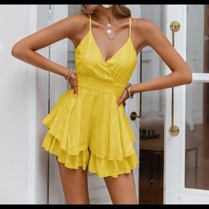 Shein medium Simplee criss cross tie backless layered hem yellow cami romper